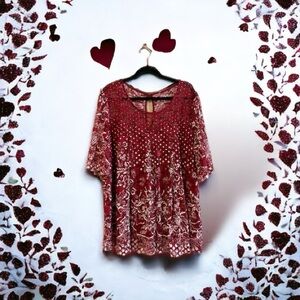 Burgundy & White Floral & Polka Dot Print Lace Top